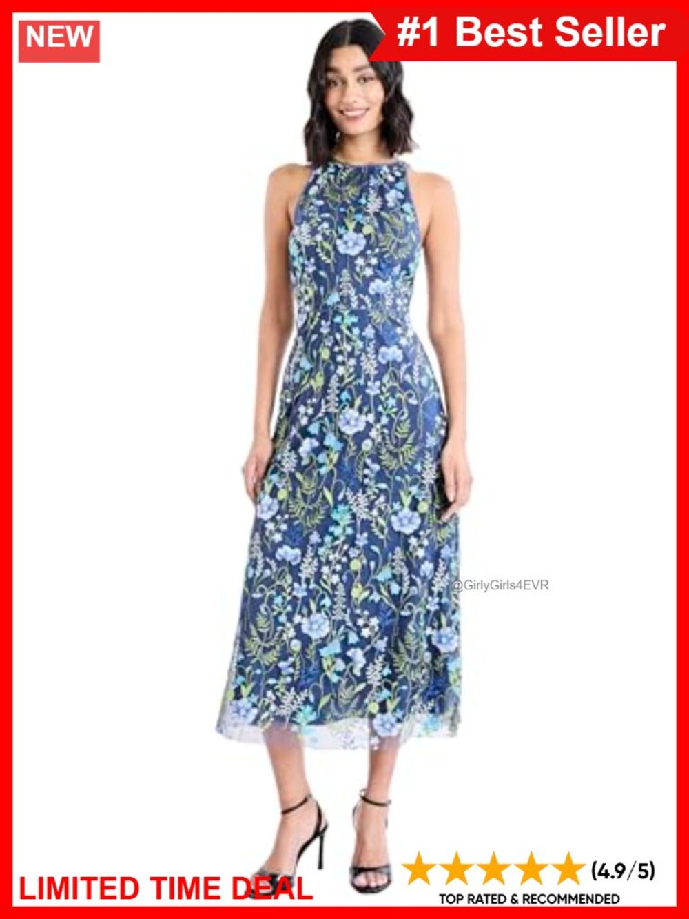 Floral Embroidered Halter Midi Dress A-Line Mesh Special Occasion